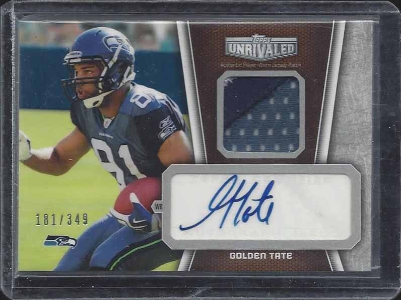 GOLDEN TATE 2010 TOPPS UNRIVALED RPA 3 COLOR ROOKIE PATCH AUTO RC #D /349