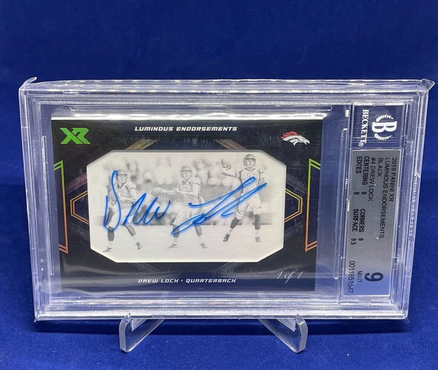 DREW LOCK 2019 PANINI XR LUMINOUS ENDORSEMENTS BLACK AUTO ROOKIE RC #D 1/1 BGS 9