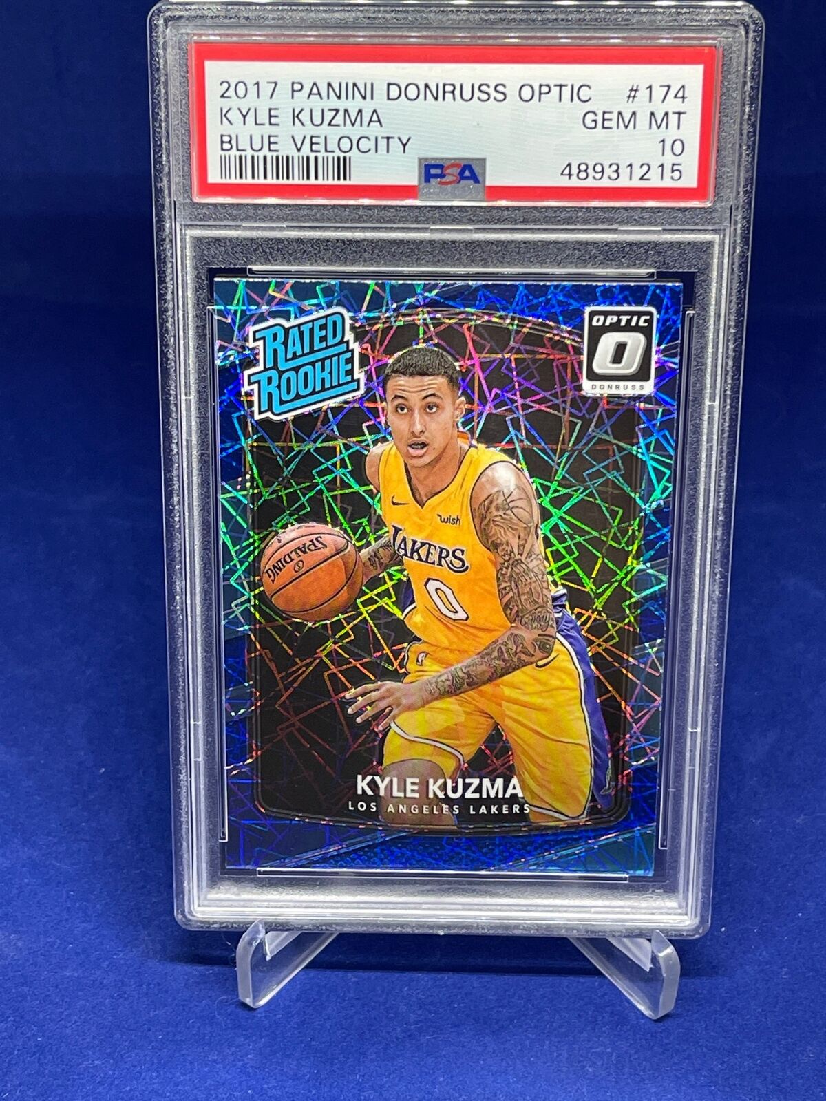 KYLE KUZMA 2017-18 DONRUSS OPTIC RATED ROOKIE BLUE VELOCITY HOLO RC #174 PSA 10