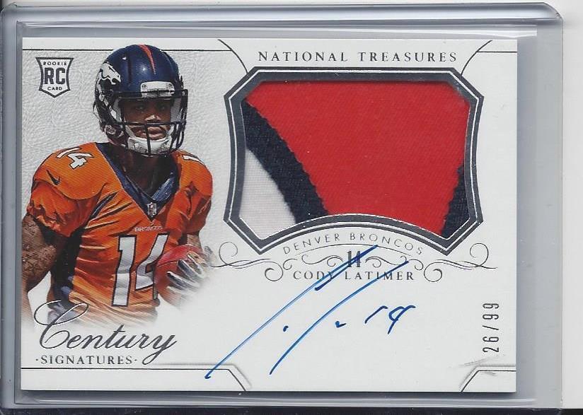 CODY LATIMER 2014 NATIONAL TREASURES RPA 3 COLOR ROOKIE PATCH AUTO RC #D 26/99