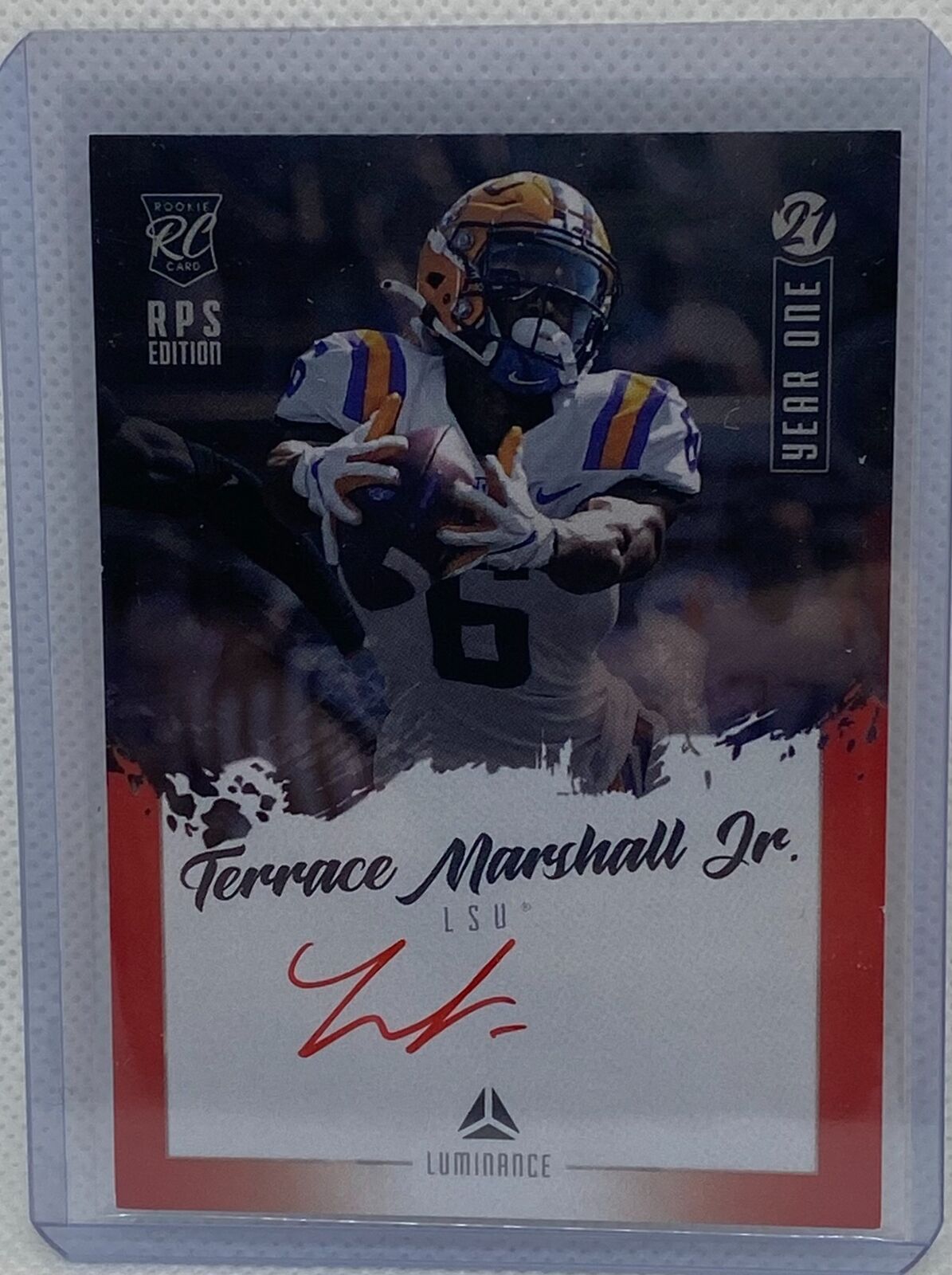 TERRACE MARSHALL JR. 2021 PANINI LUMINANCE RPS YEAR ONE RED ON CARD AUTO RC