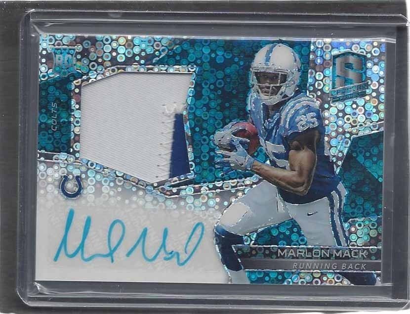 MARLON MACK 2017 PANINI SPECTRA NEON BLUE PRIZM ROOKIE PATCH AUTO RC #D 14/75