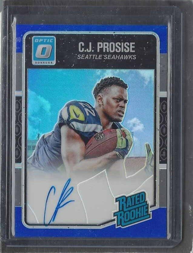 C.J. PROSISE 2016 DONRUSS OPTIC ON CARD ROOKIE BLUE HOLO AUTO RC #D 59/75