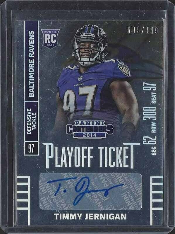 TIMMY JERNIGAN 2014 CONTENDERS PLAYOFF TICKET BALTIMORE RAVENS AUTO RC #D 99/199