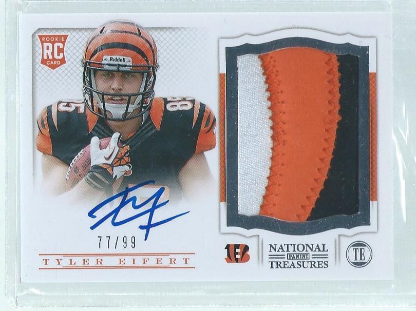 TYLER EIFERT 2013 NATIONAL TREASURES 3-COLOR PATCH ON-CARD AUTO RC #D 77/99