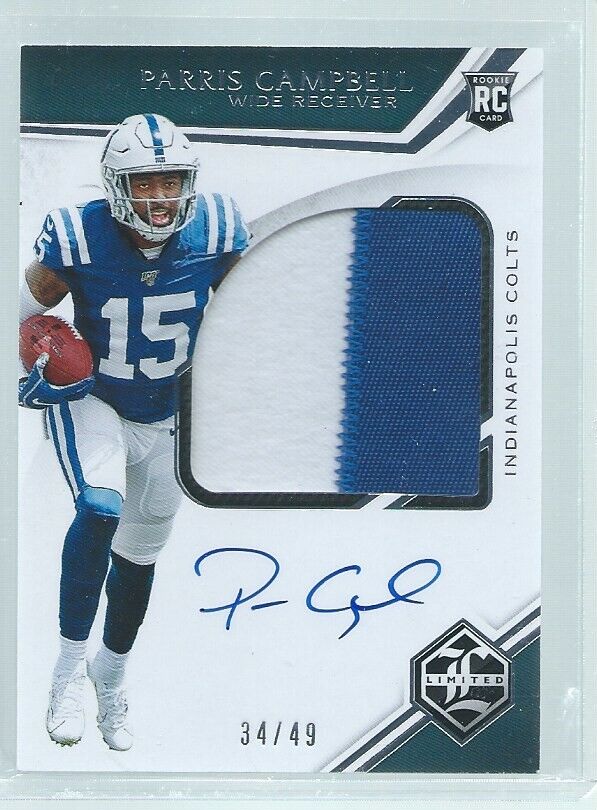PARRIS CAMPBELL 2019 PANINI LIMITED RPA 2 COLOR PATCH ON CARD AUTO RC #D 34/49