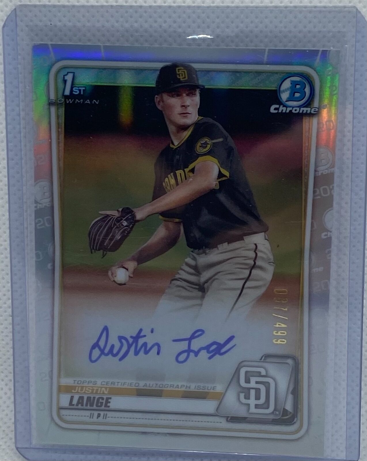 JUSTIN LANGE 2020 TOPPS 1ST BOWMAN CHROME PROSPECTS REFRACTOR AUTO #D /499