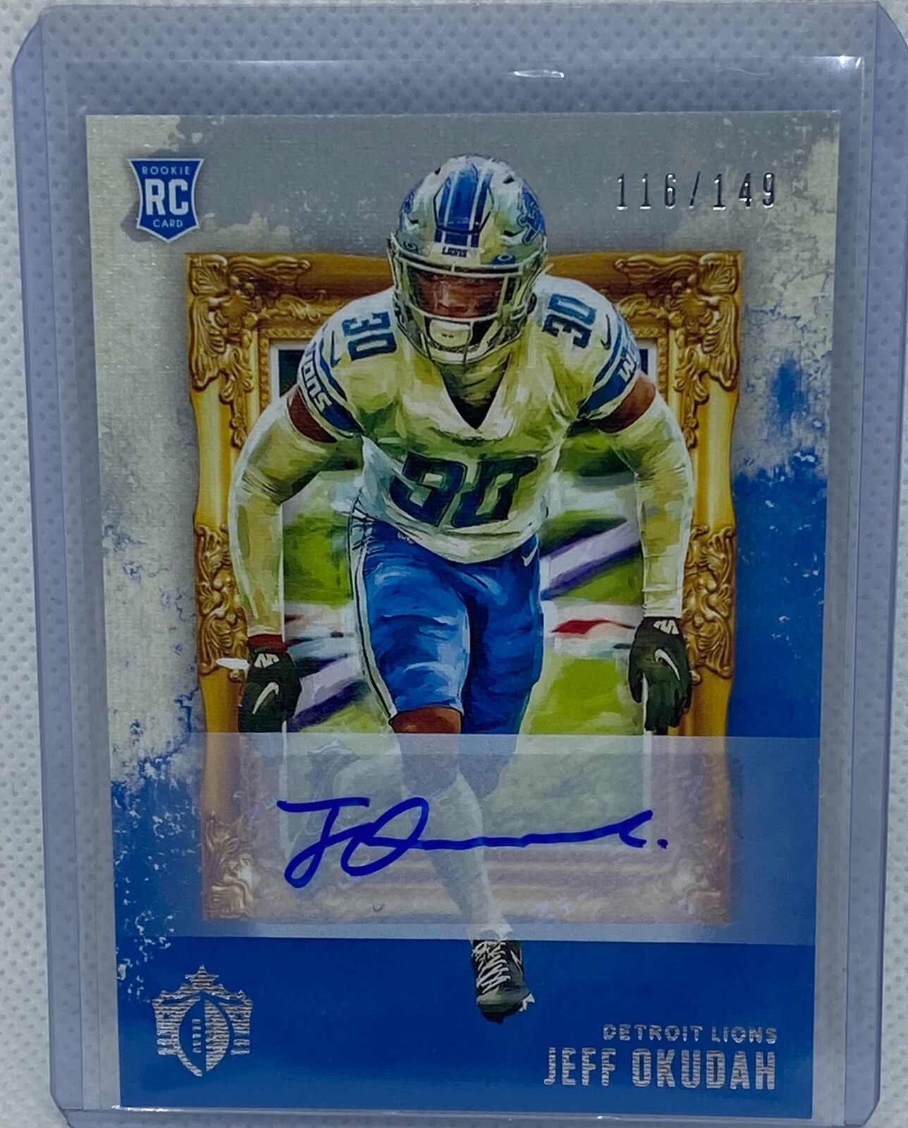 JEFF OKUDAH 2020 PANINI CHRONICLES GRIDIRON KINGS BLUE AUTO RC #D 116/149