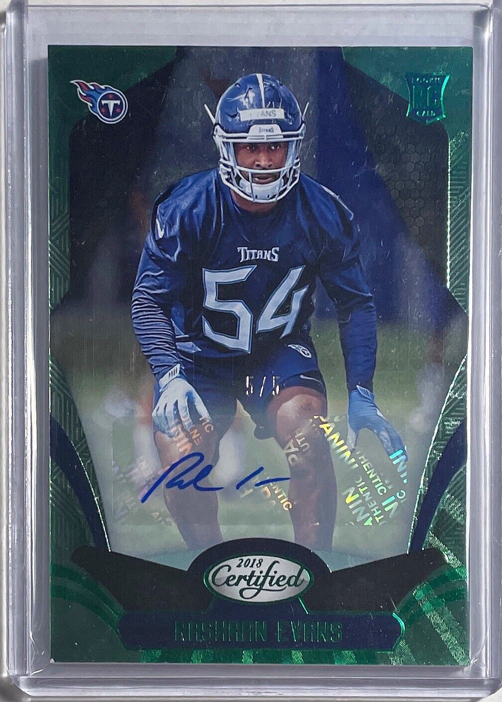 RASHAAN EVANS 2018 PANINI CERTIFIED GREEN EMERALD AUTO ROOKIE RC #D 5/5