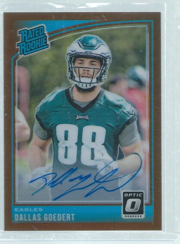 DALLAS GOEDERT 2018 DONRUSS OPTIC RATED ROOKIE COPPER HOLO ON CARD AUTO RC #197