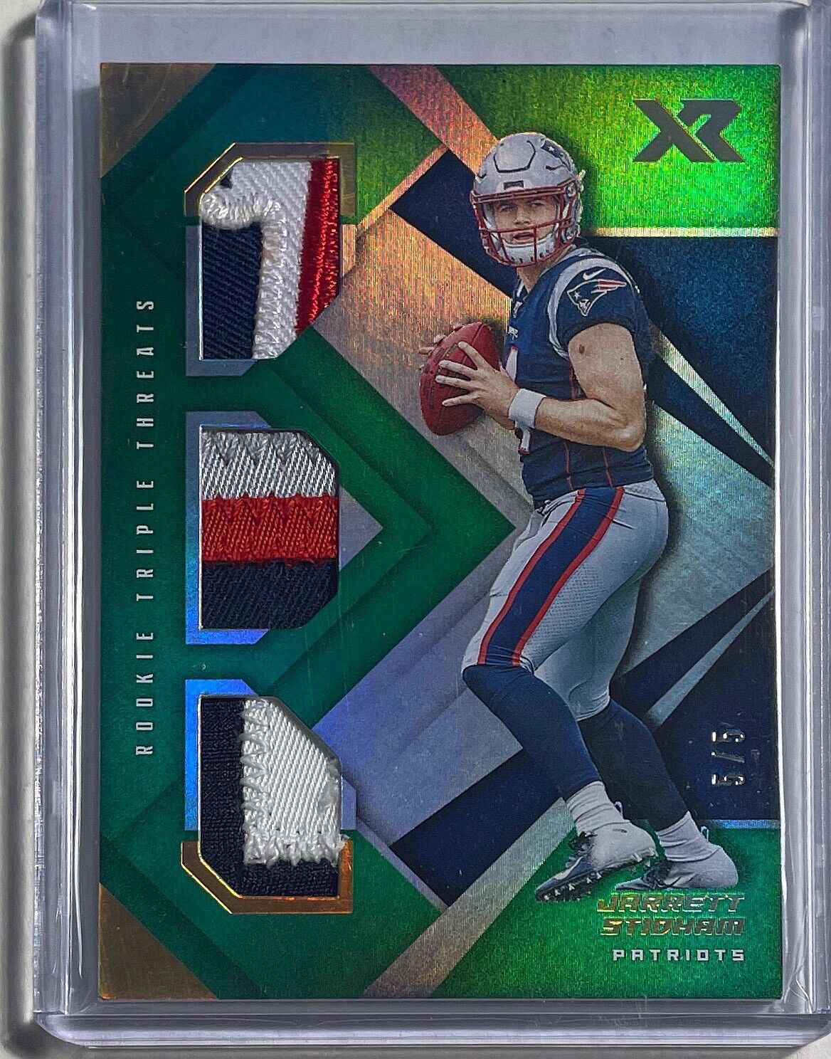JARRETT STIDHAM 2019 PANINI XR TRIPLE THREATS GREEN PATCH ROOKIE RC #D 5/5