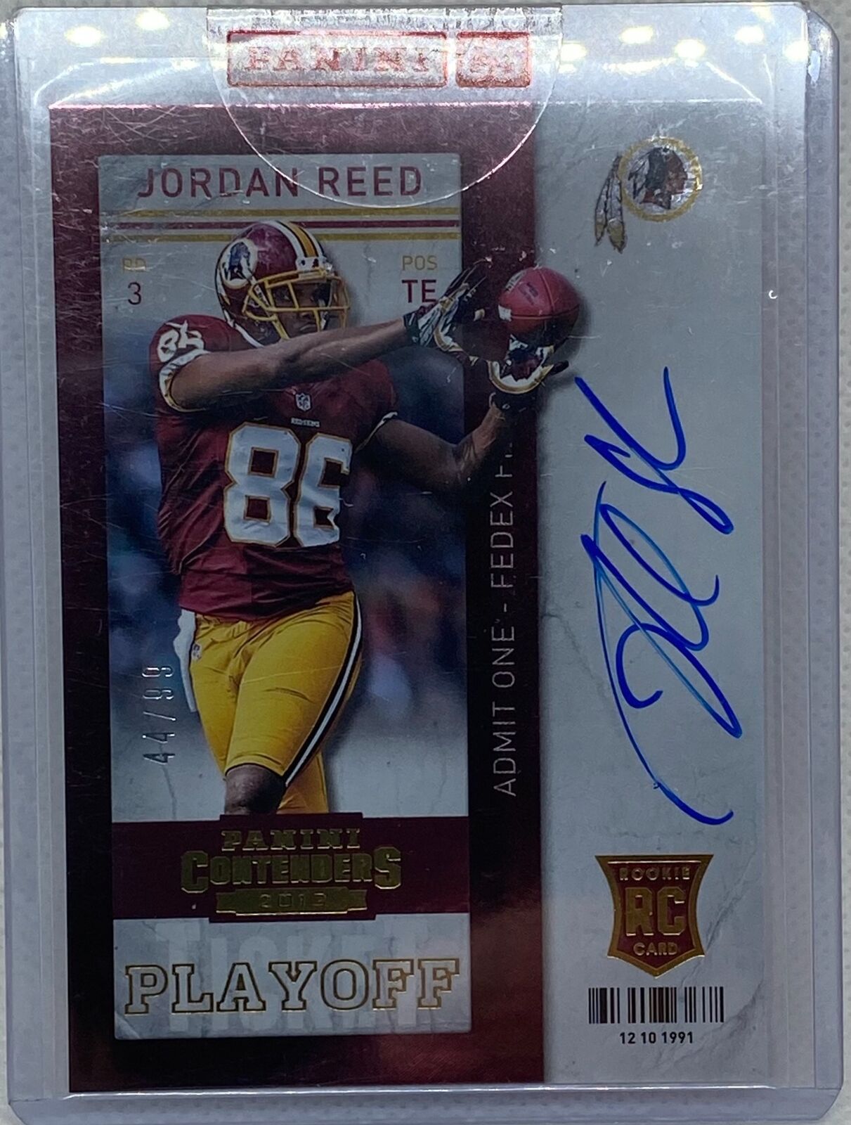 JORDAN REED 2013 PANINI CONTENDERS PLAYOFF TICKET ON CARD AUTO RC #D 44/99