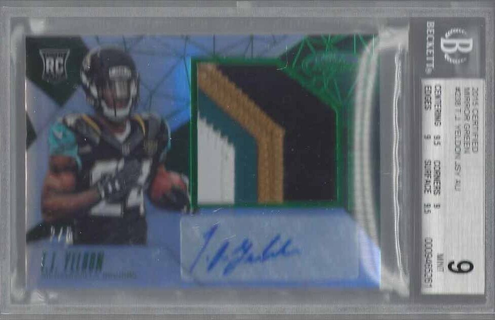 T.J. YELDON 2015 CERTIFIED MIRROR GREEN JUMBO 4 CLR PATCH AUTO RC /5 BGS 9 10 AU