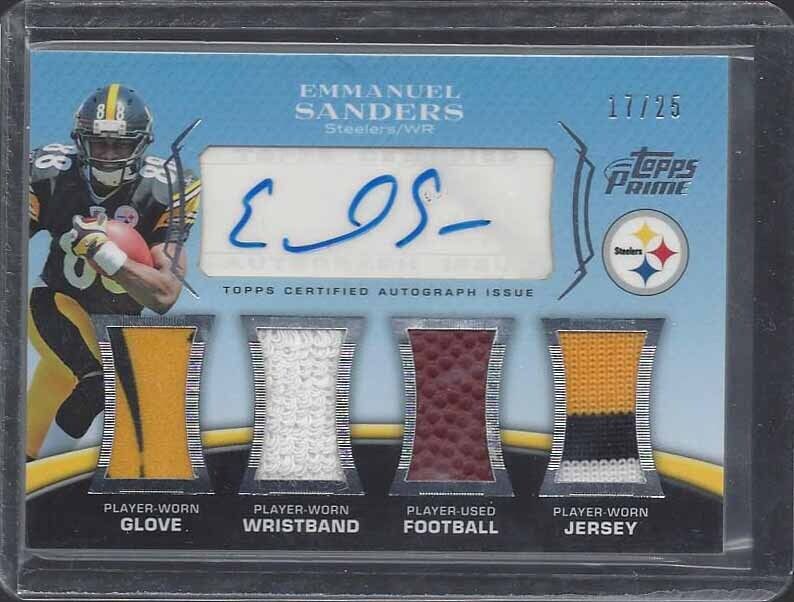 1/1 EMMANUEL SANDERS 2010 TOPPS LEVEL 3 BLUE QUAD PATCH AUTO RC #D 17/25 JSY #17