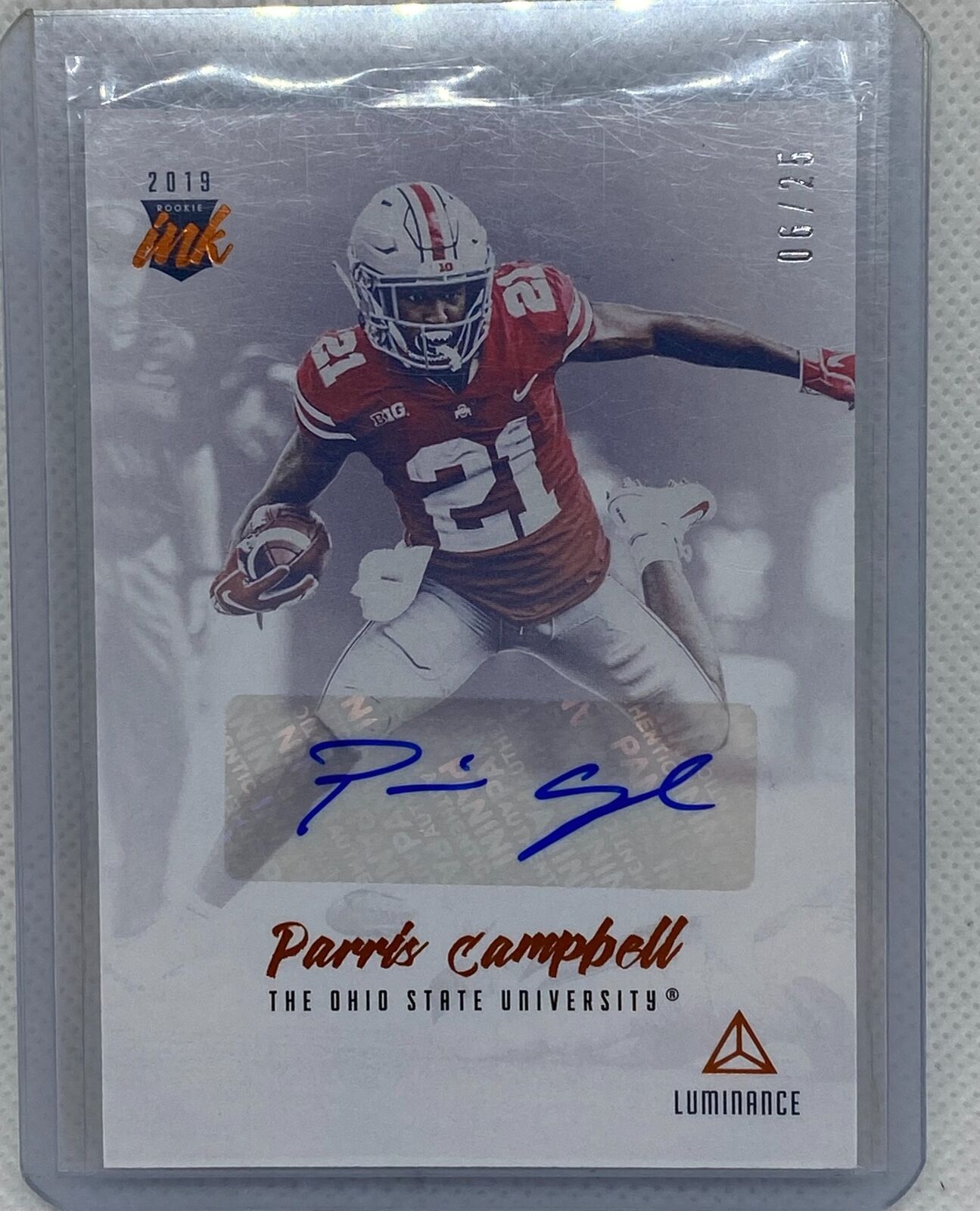 PARRIS CAMPBELL 2019 PANINI LUMINANCE ROOKIE INK ORANGE AUTO RC #D 6/25