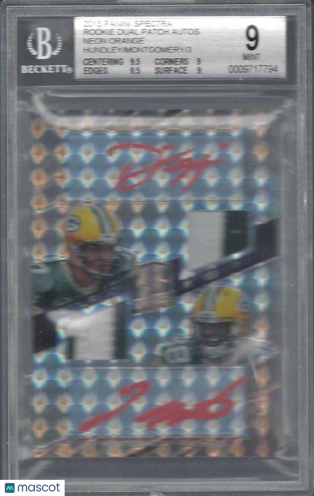 TY MONTGOMERY BRETT HUNDLEY 2015 SPECTRA NEON ORANGE DUAL PATCH AUTO RC /3 BGS 9