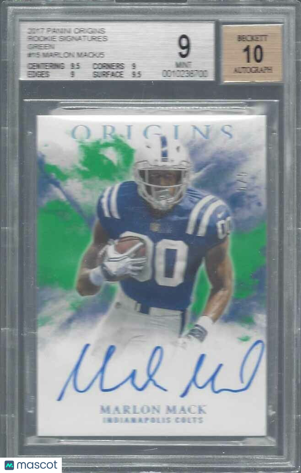 MARLON MACK 2017 PANINI ORIGINS GREEN ON CARD AUTO RC #D 5/5 BGS 9 10 AU POP 1/1