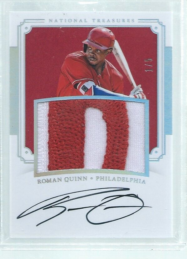 ROMAN QUINN 2017 NATIONAL TREASURES 2 COLOR JUMBO PATCH ON CARD AUTO RC #D 1/5