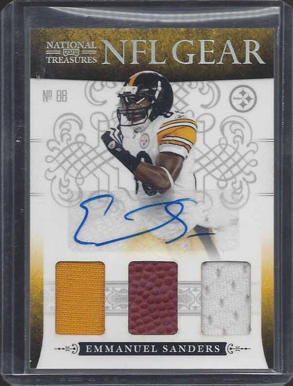 EMMANUEL SANDERS 2010 NATIONAL TREASURES NFL GEAR TRIPLE JERSEY AUTO RC #D 9/10