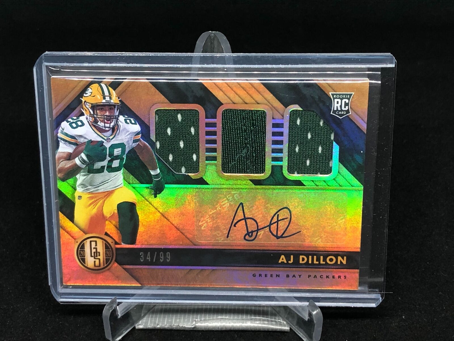 A.J. DILLON 2020 PANINI GOLD STANDARD TRIPLE JERSEY PATCH AUTO RC #D 34/99