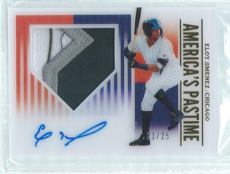 ELOY JIMENEZ 2019 CHRONICLES PASTIME 3 COLOR PATCH ON CARD AUTO RC #D 21/25
