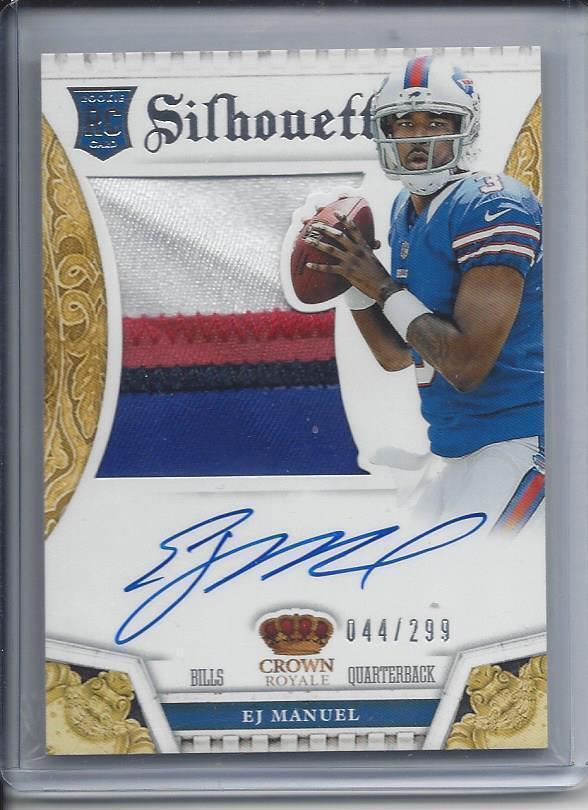 E.J. MANUEL 2013 CROWN ROYALE SILHOUETTE JUMBO 4 COLOR PATCH AUTO RC #D 44/299