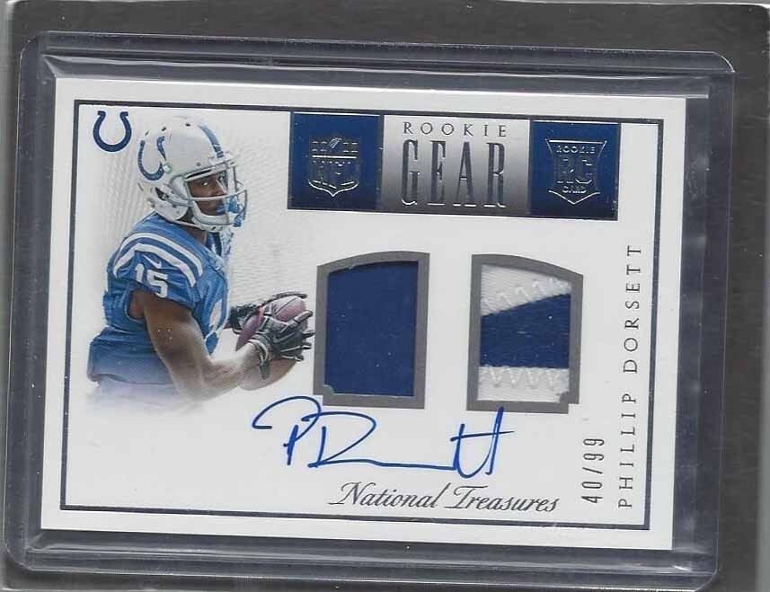 PHILLIP DORSETT 2015 NATIONAL TREASURES ROOKIE GEAR DUAL PATCH AUTO RC #D /99