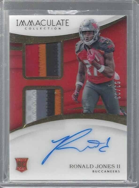 RONALD JONES II 2018 IMMACULATE ACETATE DUAL PATCH ON CARD AUTO RC #D 99/99