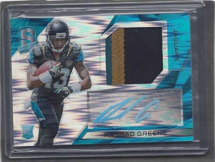 RASHAD GREENE 2015 PANINI SPECTRA NEON BLUE PRIZM 3 COLOR PATCH AUTO RC #D 2/50