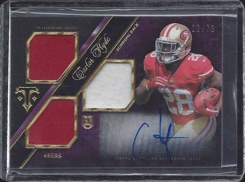 CARLOS HYDE 2014 TOPPS TRIPLE THREADS TRIPLE ROOKIE PATCH ON CARD AUTO RC #D /70