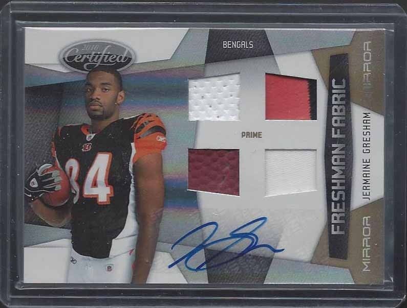 JERMAINE GRESHAM 2010 CERTIFIED FRESHMAN FABRIC GOLD QUAD PATCH AUTO RC #D 6/25
