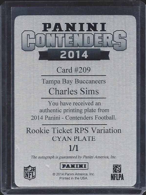 CHARLES SIMS 2014 CONTENDERS CYAN PRINTING PLATE ONCARD VARIATION AUTO RC #D 1/1