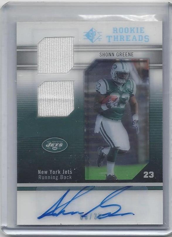 SHONN GREENE 2009 SP ROOKIE THREADS ACETATE DUAL JERSEY ROOKIE AUTO RC #D 3/30