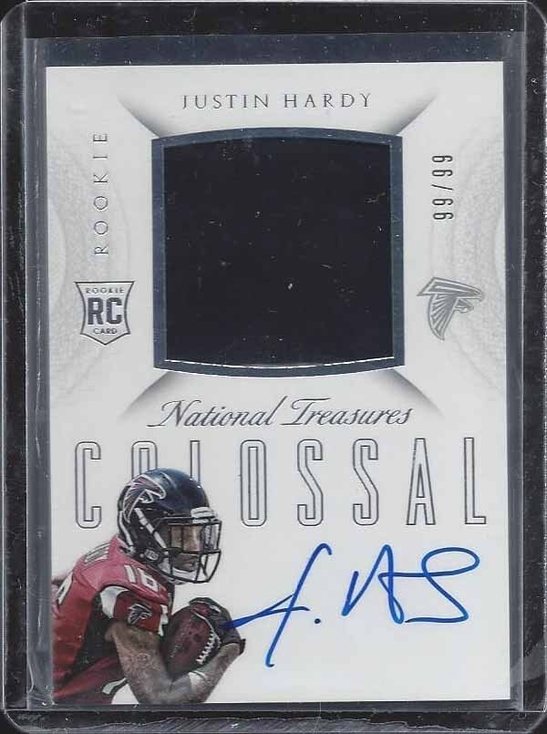 JUSTIN HARDY 2015 NATIONAL TREASURES COLOSSAL JERSEY ON CARD AUTO RC #D 99/99
