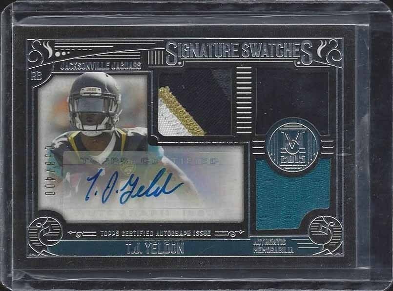 T.J. YELDON 2015 TOPPS MUSEUM SIG SWATCHES TRIPLE 3 COLOR PATCH AUTO RC #D /400