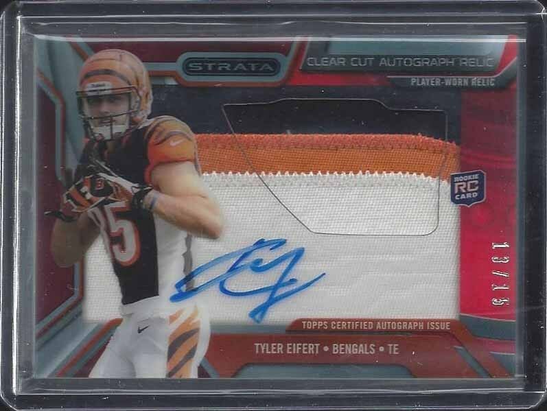 TYLER EIFERT 2013 TOPPS STRATA CLEAR CUT RED 3 COLOR JUMBO PATCH AUTO RC #D /15