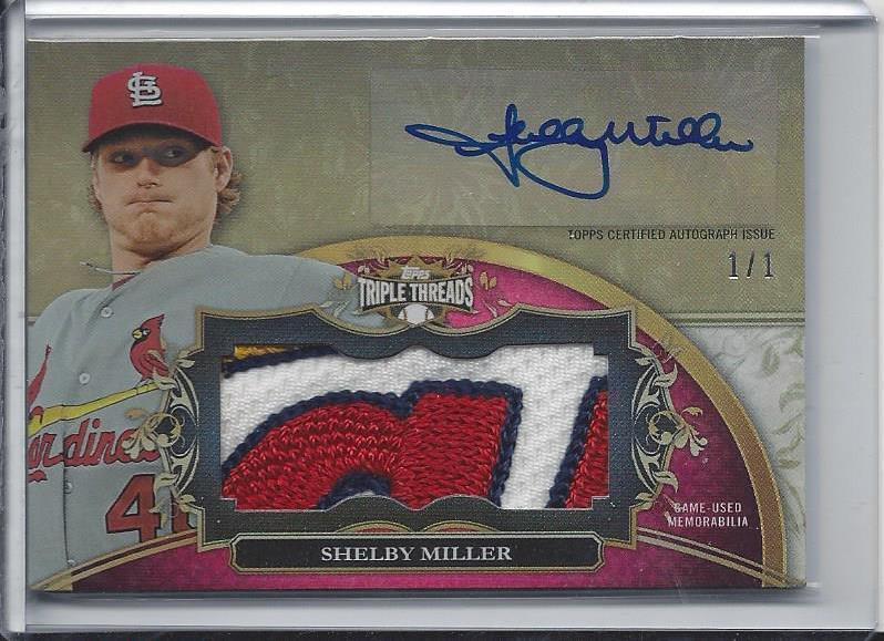 SHELBY MILLER 2013 TRIPLE THREADS CARDINALS LOGO PATCH AUTO RC #D TRUE 1/1