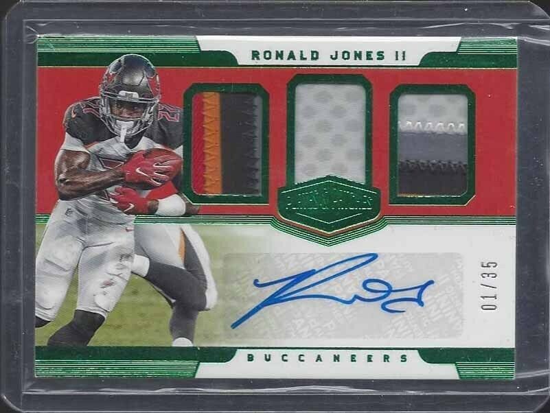 RONALD JONES II 2018 PLATES & PATCHES GREEN TRIPLE ROOKIE PATCH AUTO RC #D 1/35