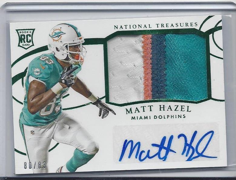MATT HAZEL 2014 NATIONAL TREASURES RPA GREEN 4 COLOR DOLPHINS PATCH AUTO RC /83