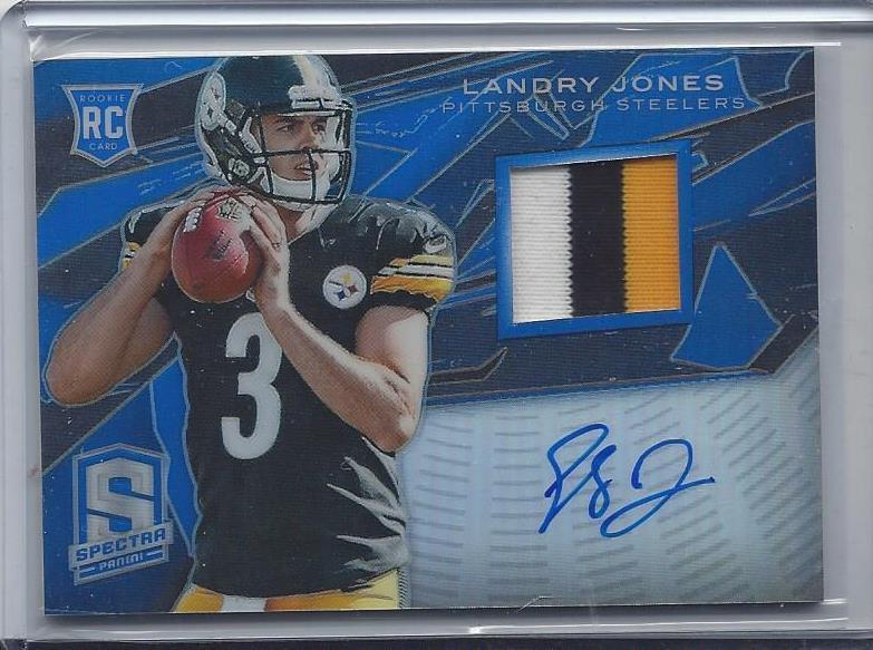 LANDRY JONES 2013 SPECTRA BLUE REFRACTOR PRIZM 3 COLOR PATCH AUTO RC #D 46/49