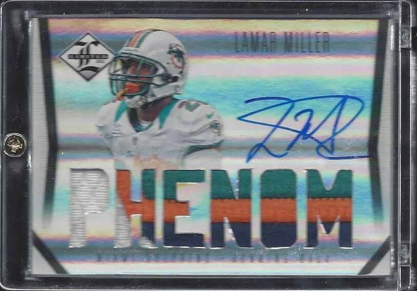 LAMAR MILLER 2012 LIMITED PHENOM 4 COLOR DOLPHIN PATCH ON CARD AUTO RC #D /299