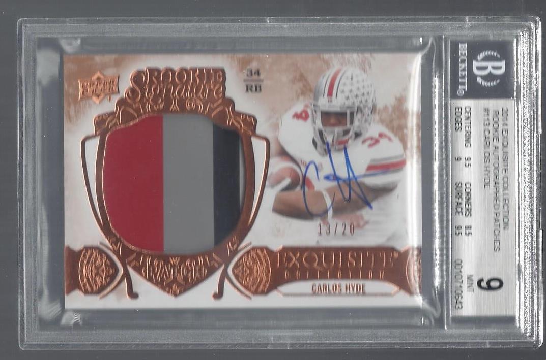 CARLOS HYDE 2014 EXQUISITE 4 COLOR PATCH ROOKIE AUTO RC #D 13/20 BGS 9 w/ 10 AU
