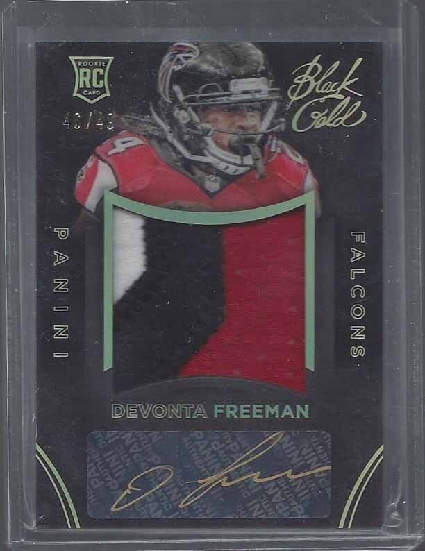 DEVONTA FREEMAN 2014 BLACK GOLD JUMBO 3 COLOR ROOKIE PATCH AUTO RC #D 46/49