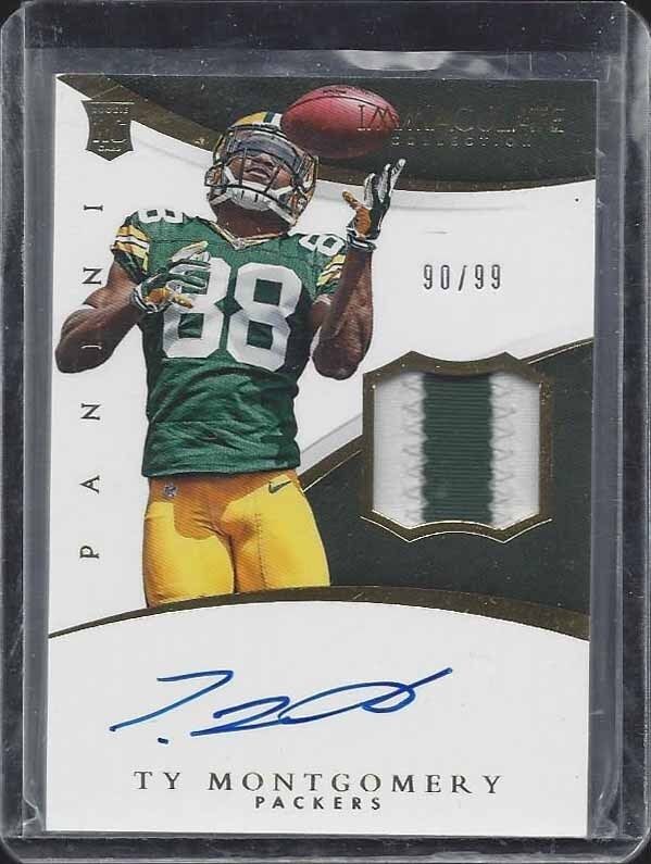 TY MONTGOMERY 2015 IMMACULATE RPA ROOKIE 2 COLOR PATCH ON CARD AUTO RC #D 90/99
