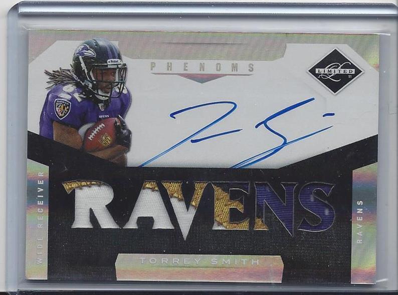 TORREY SMITH 2011 LIMITED PHENOMS JUMBO 4 COLOR PATCH ON CARD AUTO RC #D 86/299
