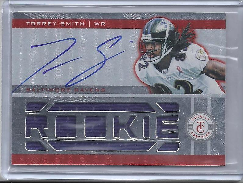 TORREY SMITH 2011 TOTALLY CERTIFIED RED JUMBO JERSEY ON CARD AUTO RC #D /300