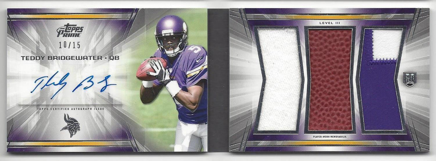 TEDDY BRIDGEWATER 2014 TOPPS PRIME LEVEL 3 TRIPLE PATCH AUTO BOOK RC #D 10/15