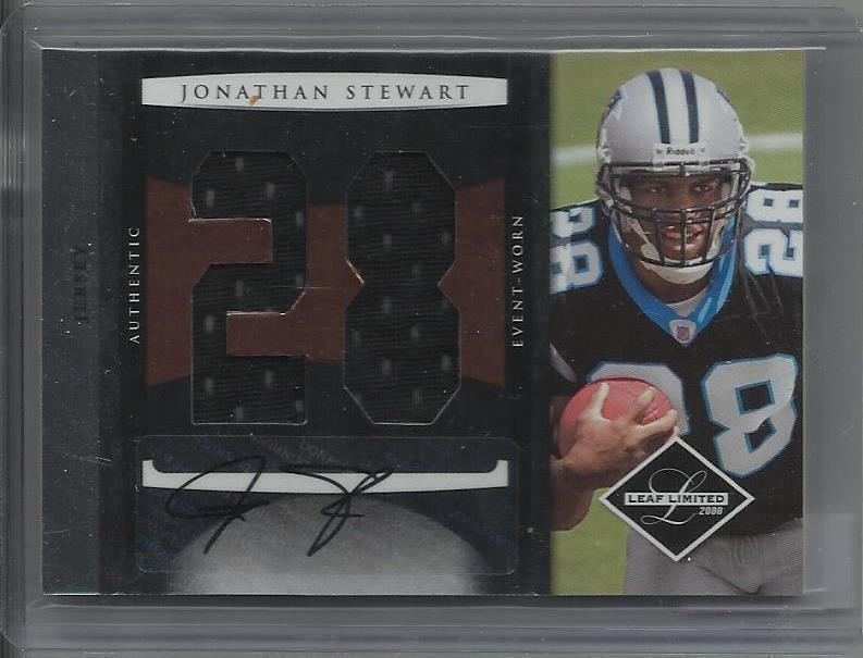 JONATHAN STEWART 2008 LEAF LIMITED JUMBO DUAL JERSEY NUMBER AUTO RC #D 13/15