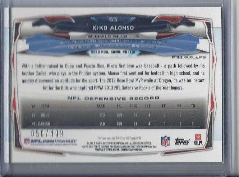 1/1 KIKO ALONSO 2014 TOPPS CHROME CAMO REFRACTOR #D 50/499 (HIS JERSEY #50!!!)