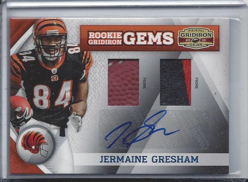 JERMAINE GRESHAM 2010 GRIDIRON GEAR GEMS DUAL PATCH BALL AUTO RC #D 1/15